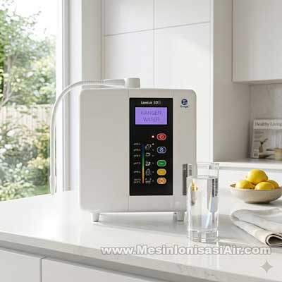 Mesin Kangen Water di dapur modern dengan segelas air minum